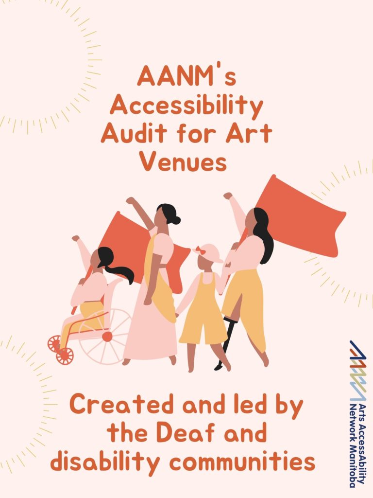 Poster for AANM’s Audit. Against a light pink background is a graphic image of four women marching. One woman is using a wheel chair and another is missing her leg at the knee. Two of the women hold orange flags. Above this image is the following text in orange “AANM’s Accessibility Audit for Art Venues. Below the image in orange is the following text “Created and led by the Deaf and disability communities”. Along the left side of the poster is AANM’s logo