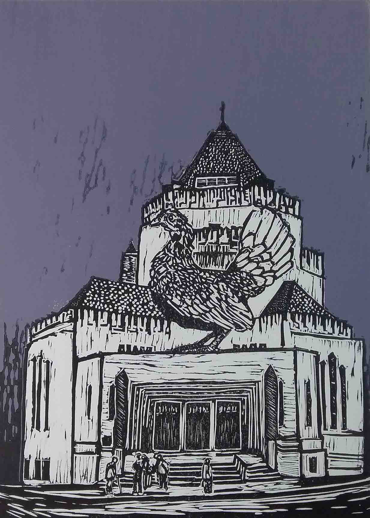 Perched jauntily atop the entryway of a squat church is a giant chicken, tail up and alert, 1/3 the size of the church. A small group of people mill about in front of the church doors, seemingly unperturbed. The sky is dim lilac. The bird and building are black on grey.