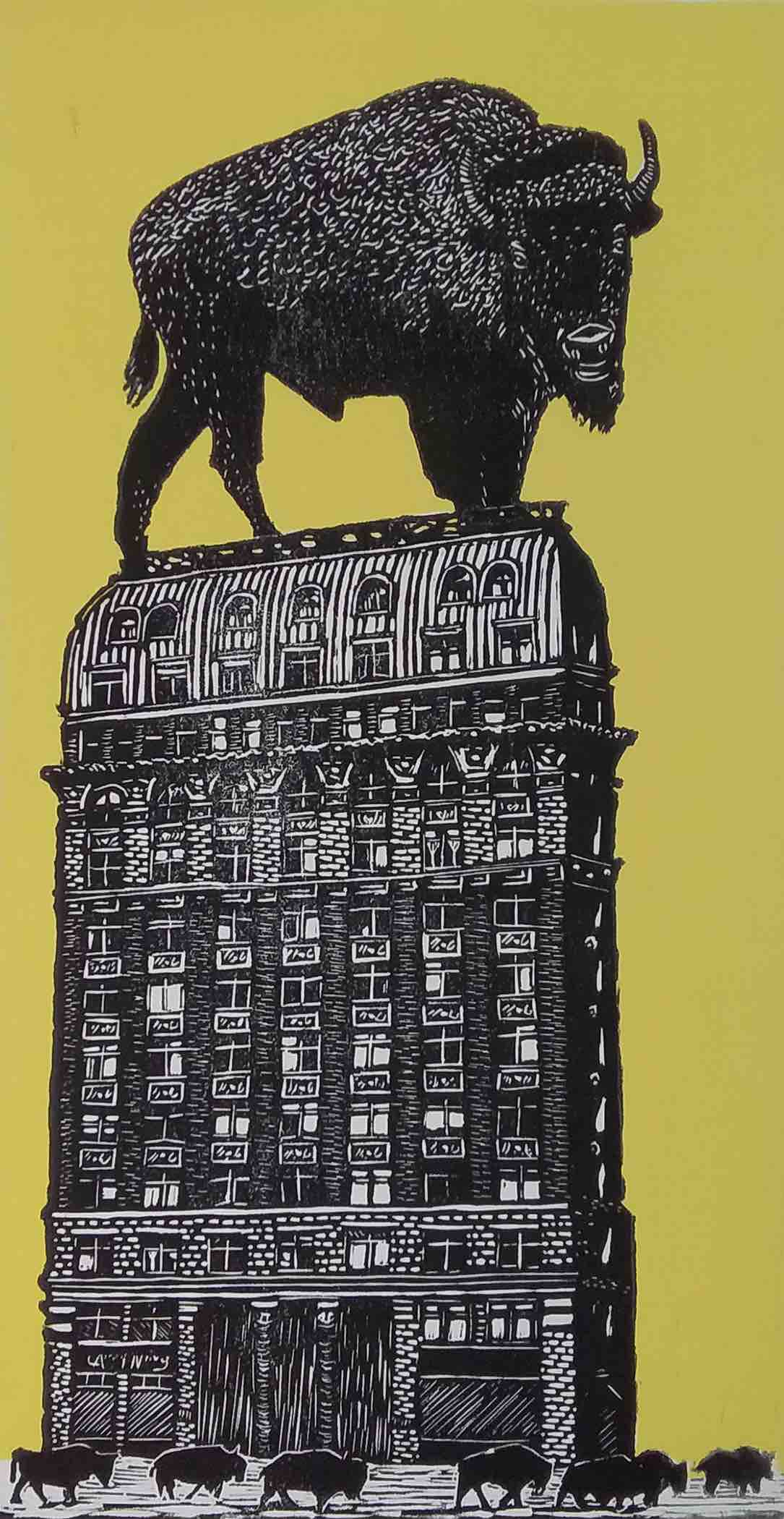 This is a print of a heritage office building, brick, with ornamental arched windows at its top and rickety retail windows at street level. The building is black and white, against a sunflower yellow sky. A giant bison stands on the roof head turned towards us - about half the size of the building itself. His coat is furry and his horns sharp. On the sidewalk below, an unhurried herd of small bison ambles away from the building, their heads bowed towards the earth.