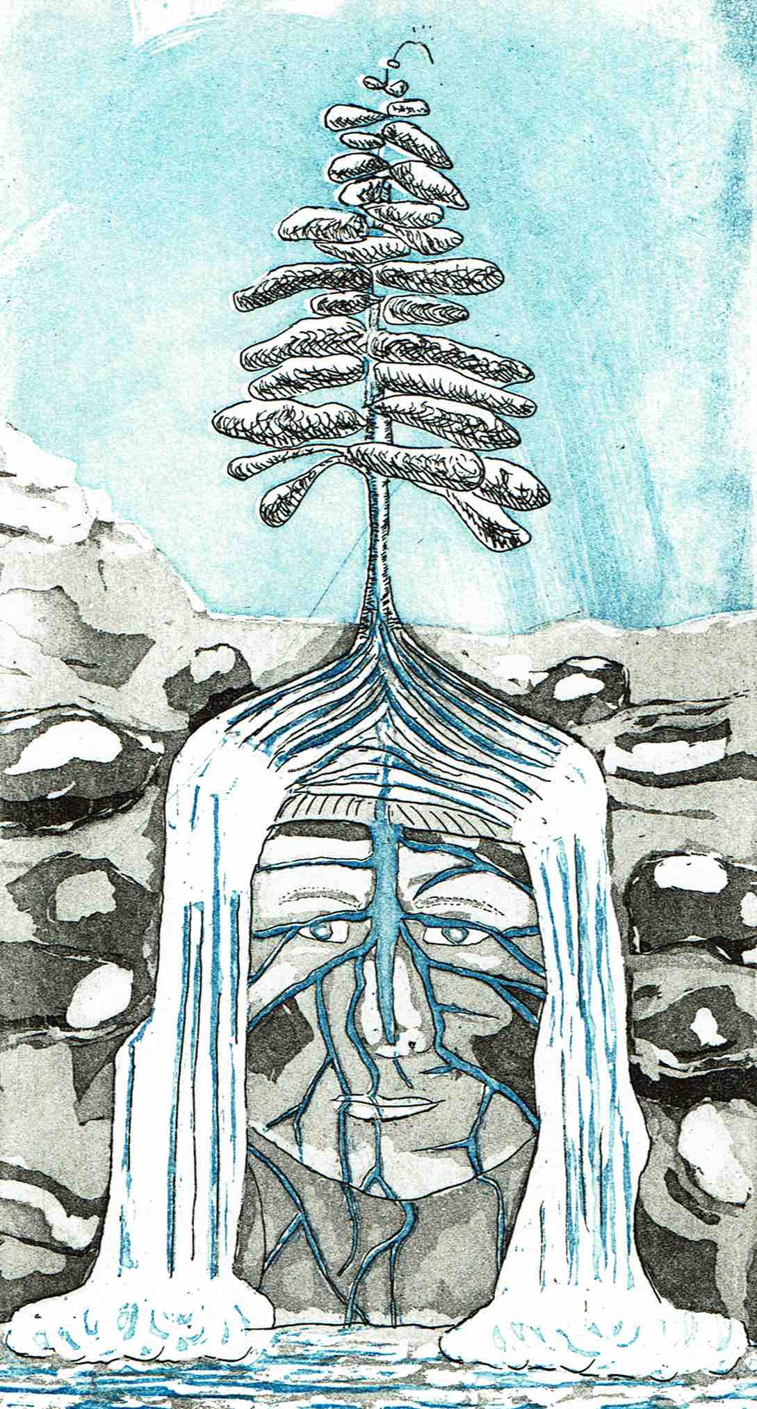 This print is a drawing, black on white, with turquoise aquatint colorization. In the centre, against a blue sky, a billowy pine tree grows from the crown of a human head that is part of a rocky land formation. The tree roots gather up streams of water that serve as hair, falling on either side of the face in waterfalls, into a sea.