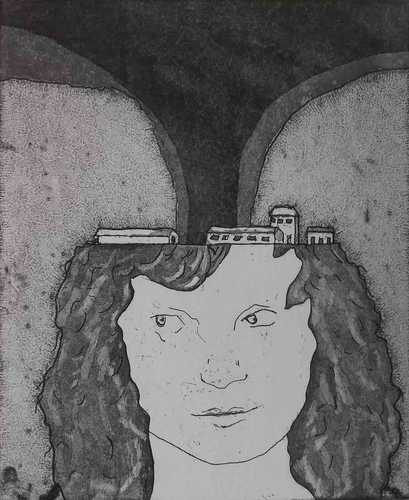 This is a simple line drawing print, black on grey. A young woman with wavy dark hair faces us, looking towards the left. Her head is flattened at the crown, and on that flat field are small farm buildings: barns, sheds, and a granary.