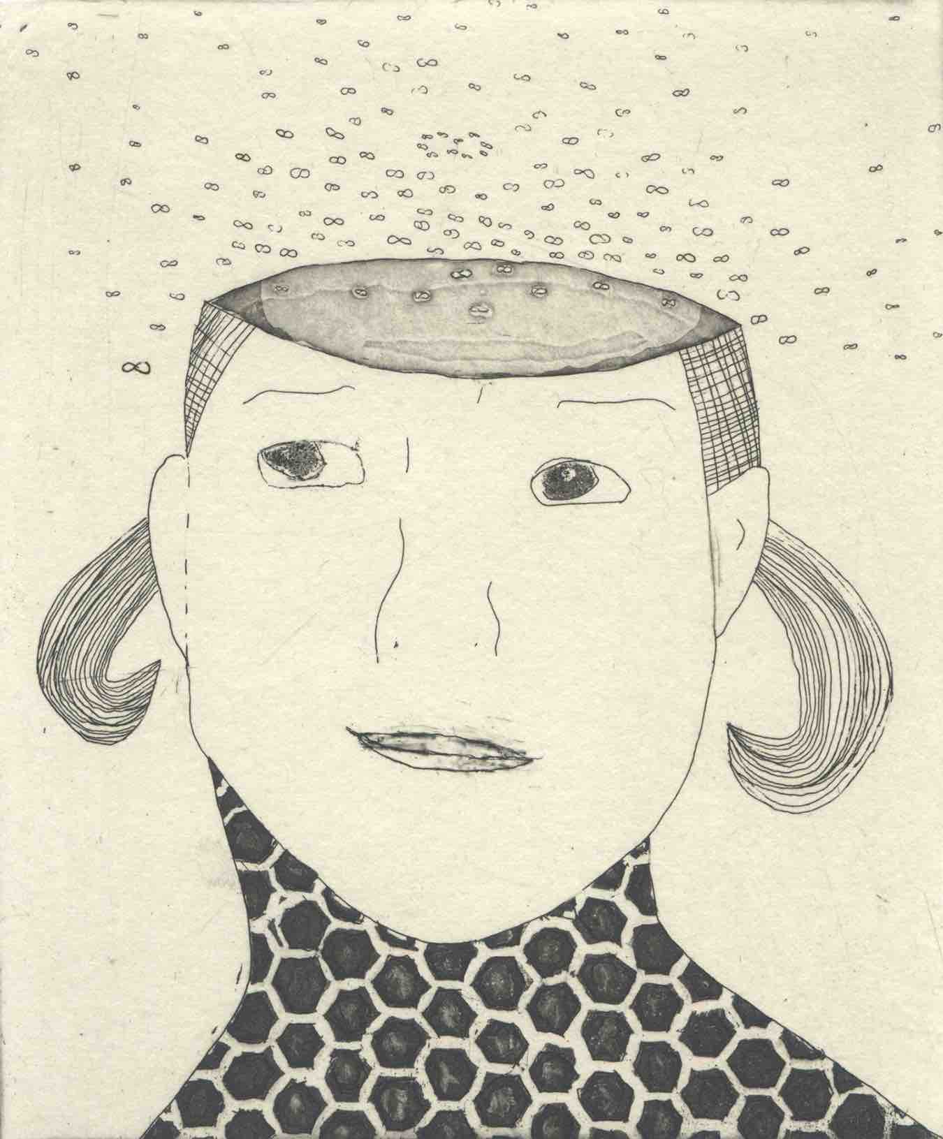 This is a line-drawing print, black on cream. A young female faces us, looking slightly towards the left, with a thoughtful, quizzical expression. Her short hair is in pigtails. Her neck has a dark honeycomb pattern on it. The top of her head is cut off, at the forehead. From inside her skull, a swarm of small infinity symbols emerges like honeybees.