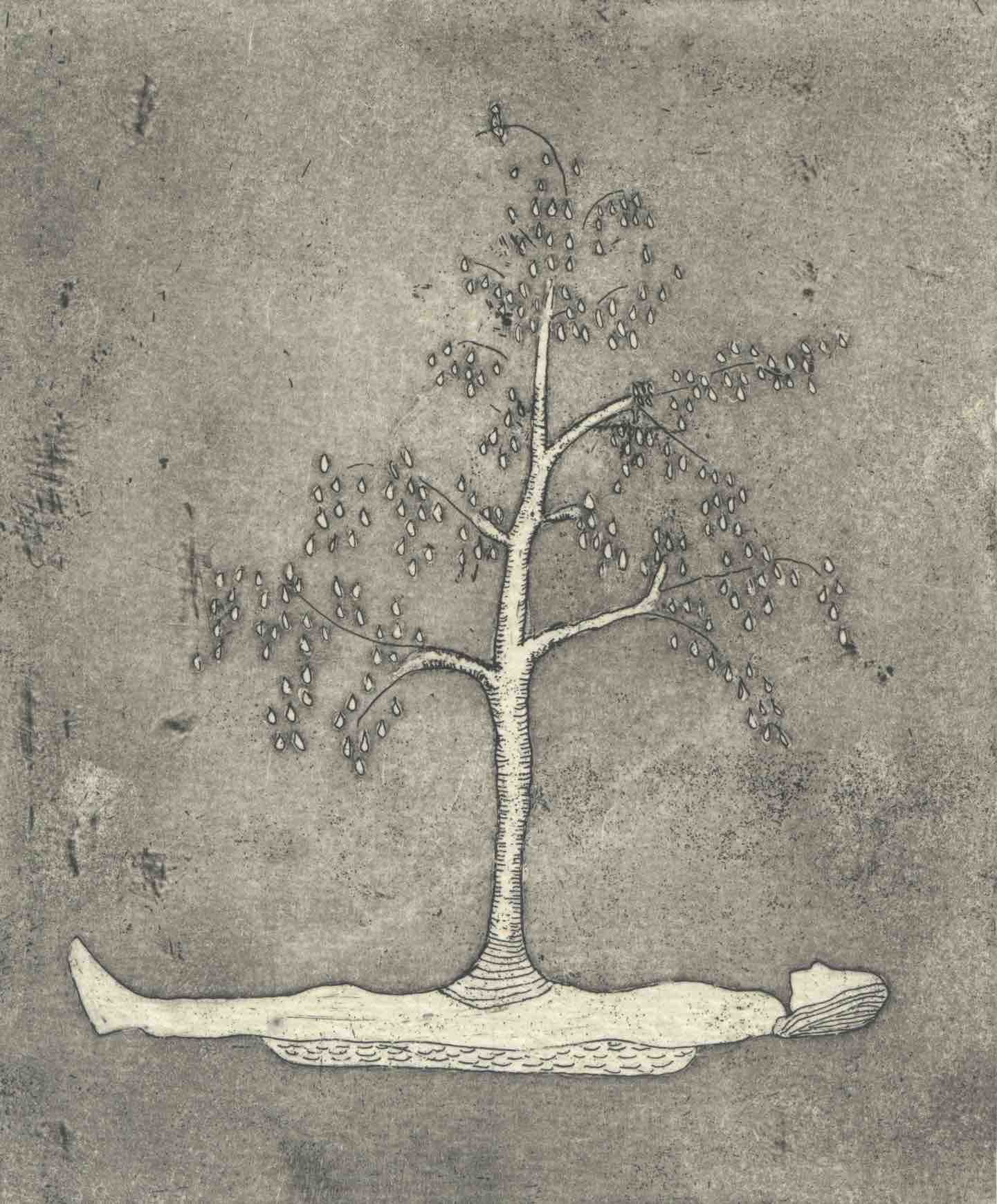 This etching is calm, peaceful. On a simple grey background, we see the body of a woman from the side, simple and white, lying on the ground. Her face is featureless. Below her is a pool of water, indicated by small lines of waves. Growing from her stomach is a young tree, with white teardrop leaves delicately framing each of its branches.