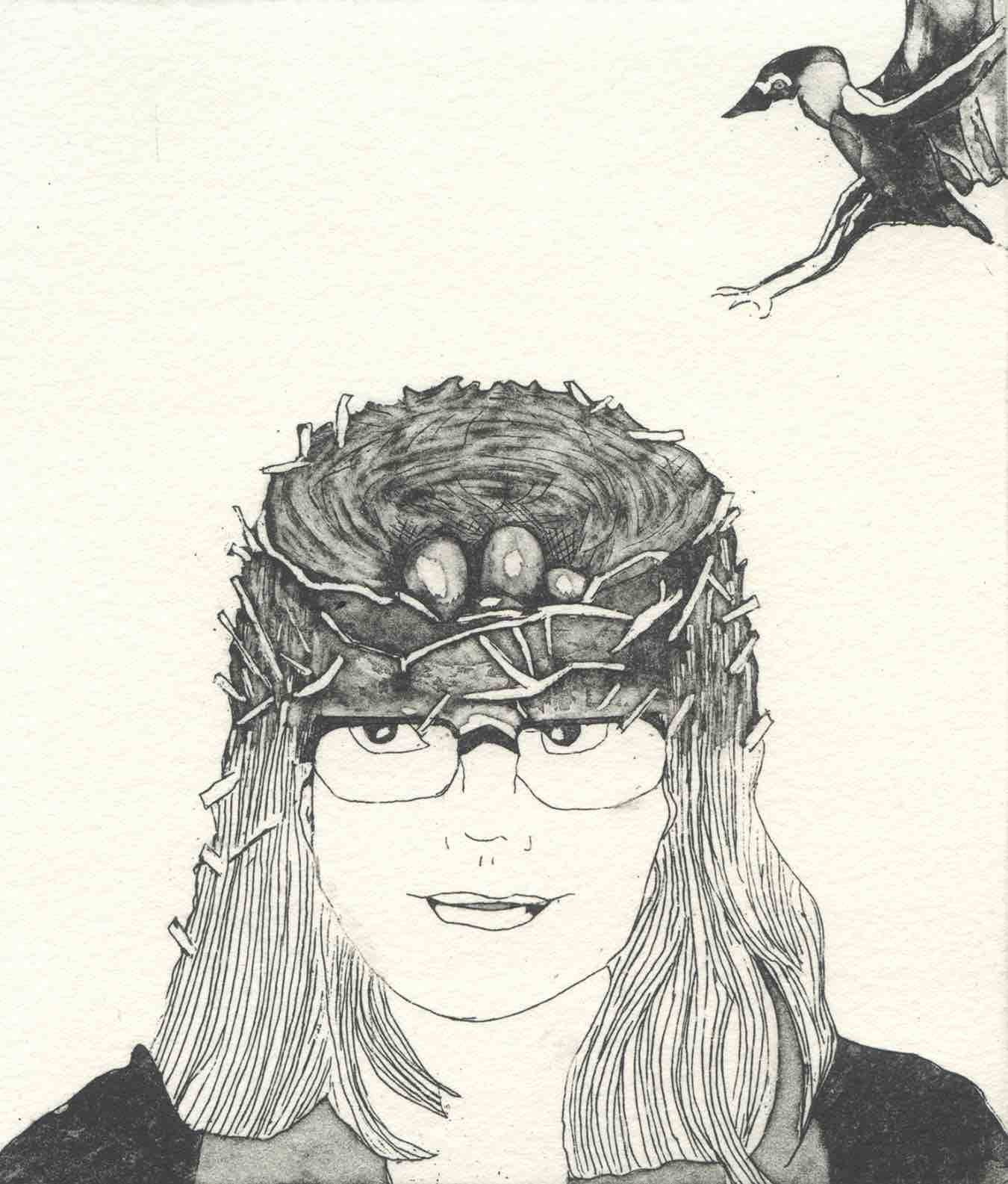 This is a print of a black on cream line drawing. A girl with shoulder-length plain hair looks out and to the left, with a contemplative look. Atop her head is a bird's nest, with 3 eggs. From the top corner of the image, a bird is in flight, wings stretched back and feet thrust forward, about to land on the nest.