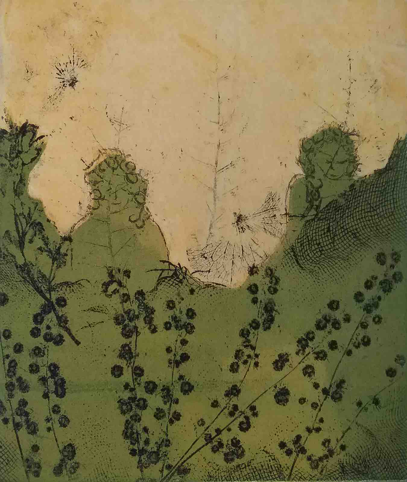 From the base of this print rises an organic, plant-like shape, decorated with sketched berries/seeds in black ink. The green shape advances upward, reaching into a sandy, barren expanse.