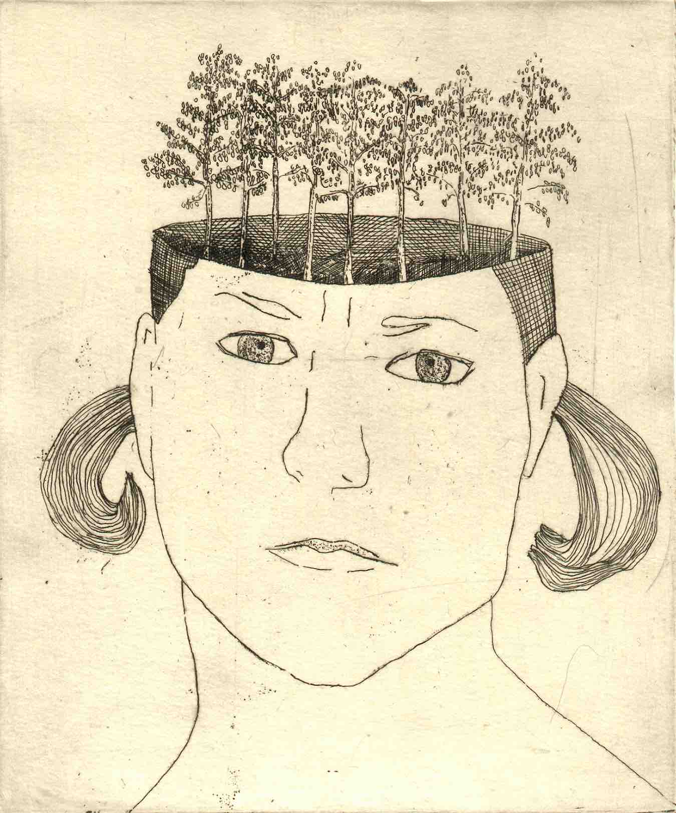Through her pain and disbelief, she beseeches us to stop. This is a print, black on cream. A female with short pigtails looks at us with an anxious/defiant expression. The top of her head is missing, replaced with a stand of trees, vulnerable but resiliently growing up out of her skull. The drawing style is sketchy, using simple lines.
