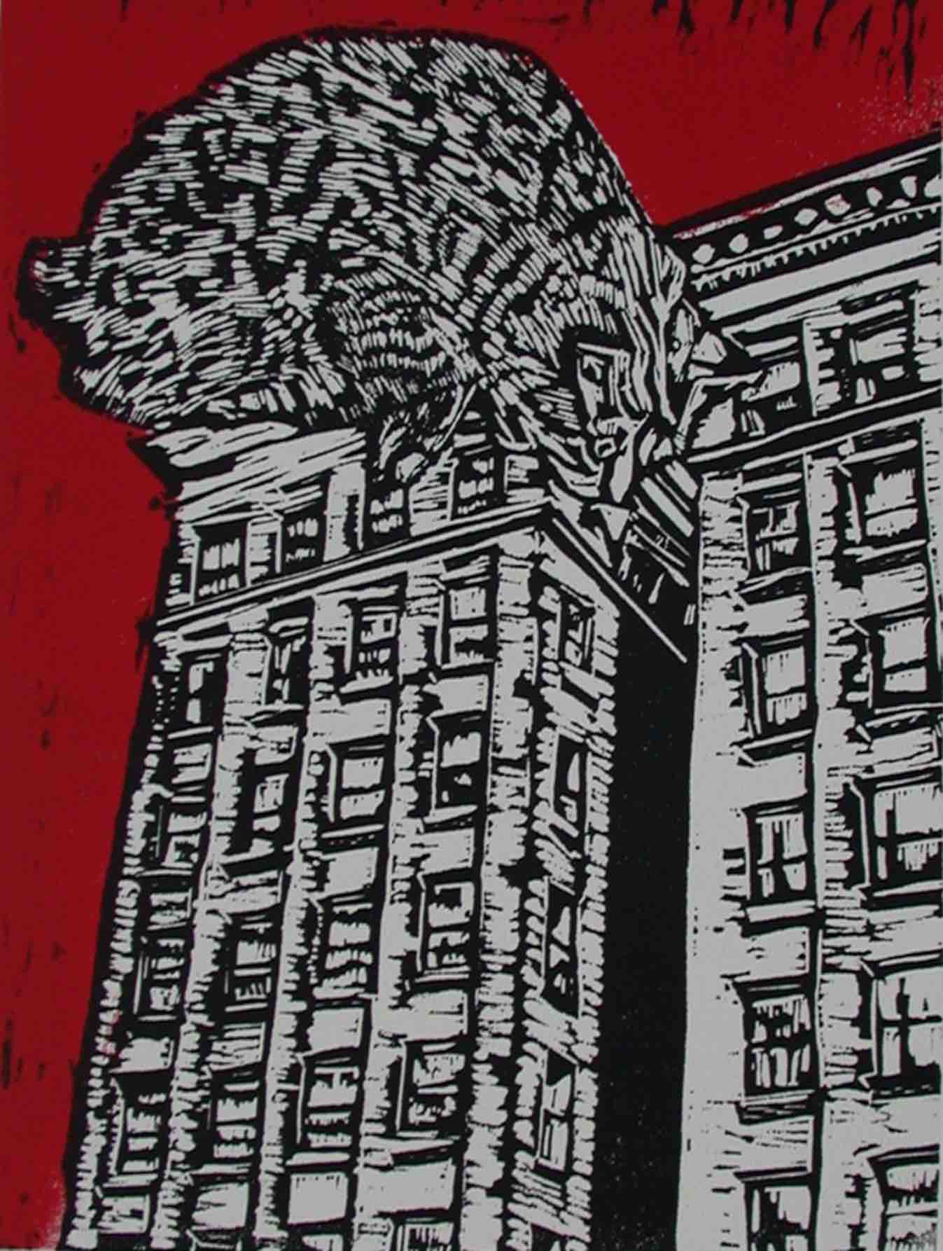 This bold graphic print depicts a gigantic cat, perched atop a towering brick office building, so large that it covers the entire roof. The cat stares intently towards the ground, eyes wide. The sky is deep red. The cat and buildings are black on grey.