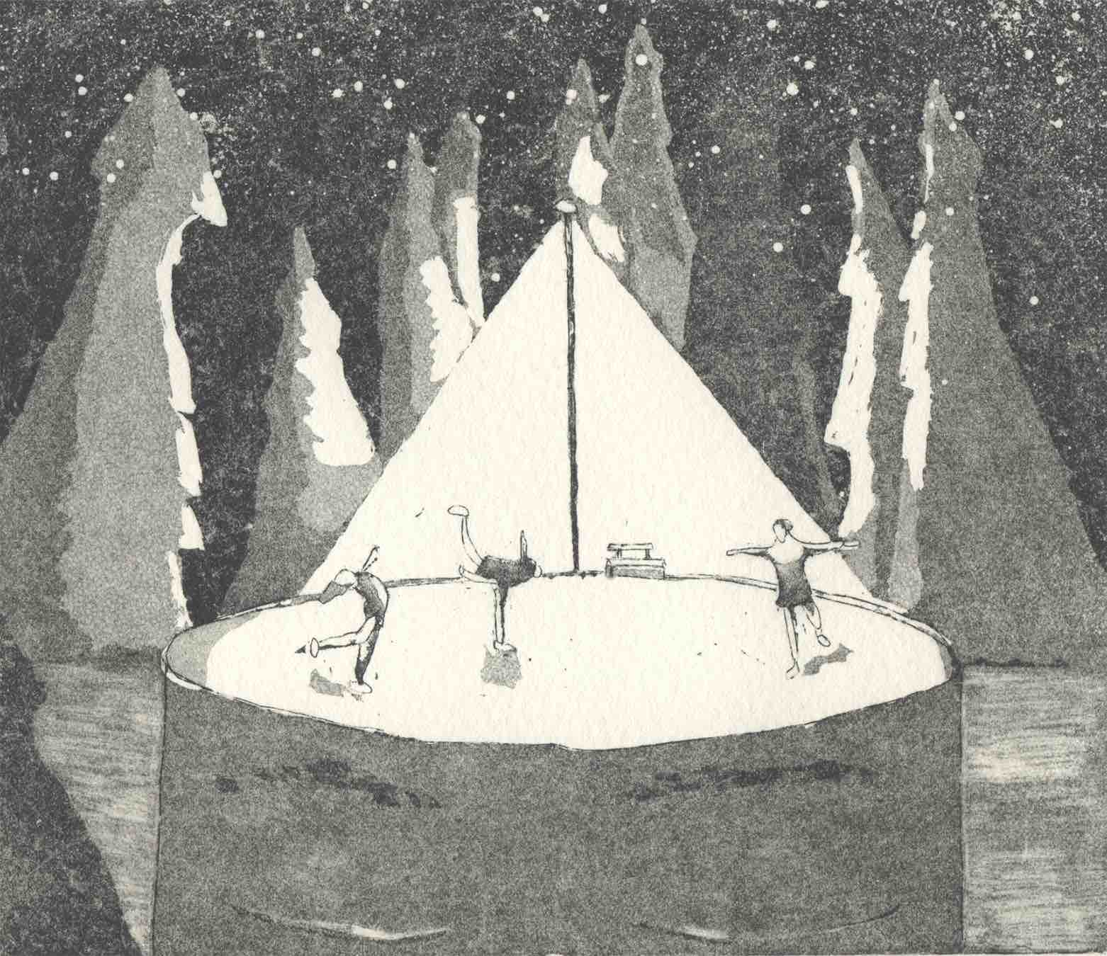 This quiet but joyful print shows 3 figures figure-skating atop the lopped-off skullcap of a sleeping person. They are brilliantly illuminated by a single streetlamp in the centre, casting a triangle of light over them. The sky is black and punctuated with stars. A stand of trees circling the scene is bathed in light on their inner sides, cast in shadow on their backs.
