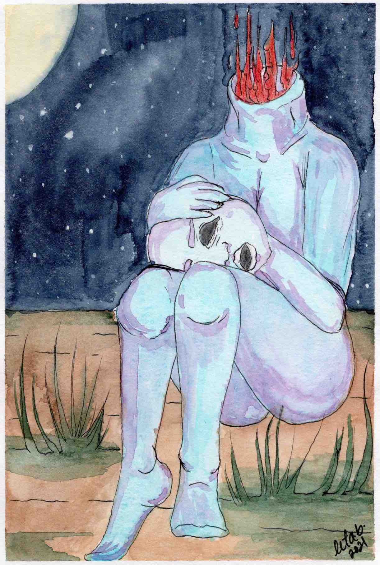 This is a pen drawing colourized with watercolour and guache. In a night scene with a star-studded sky, a decapitated ghostly figure sits on an arid ground. Red flames emerge from the neck stump. The head is clasped tightly on its lap. The eyes and mouth are open but reveal only black hollows and a sad expression.