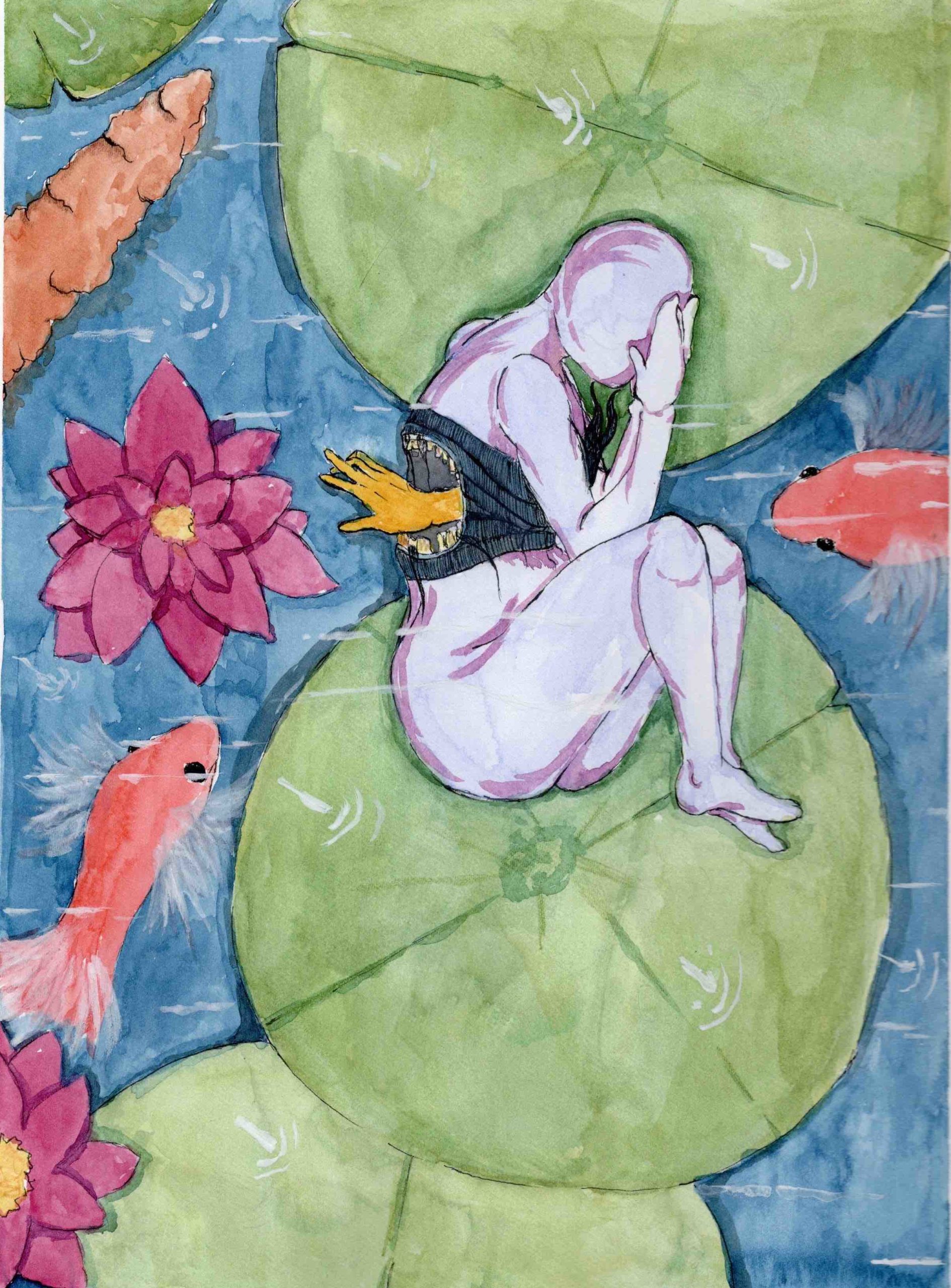 This is a pen drawing colourized with watercolour and guache. We see a close-up from above of a koi pond, with large flat green lilypads and rosey waterlily flowers. Two curious orange fish curiously approach the centre figure, small and white, who is curled in fetal position atop the lily pads, hands covering face. From a gaping round mouth with ragged yellow teeth in the figure’s back, a delicate yellow hand reaches out to explore the environment through touch.