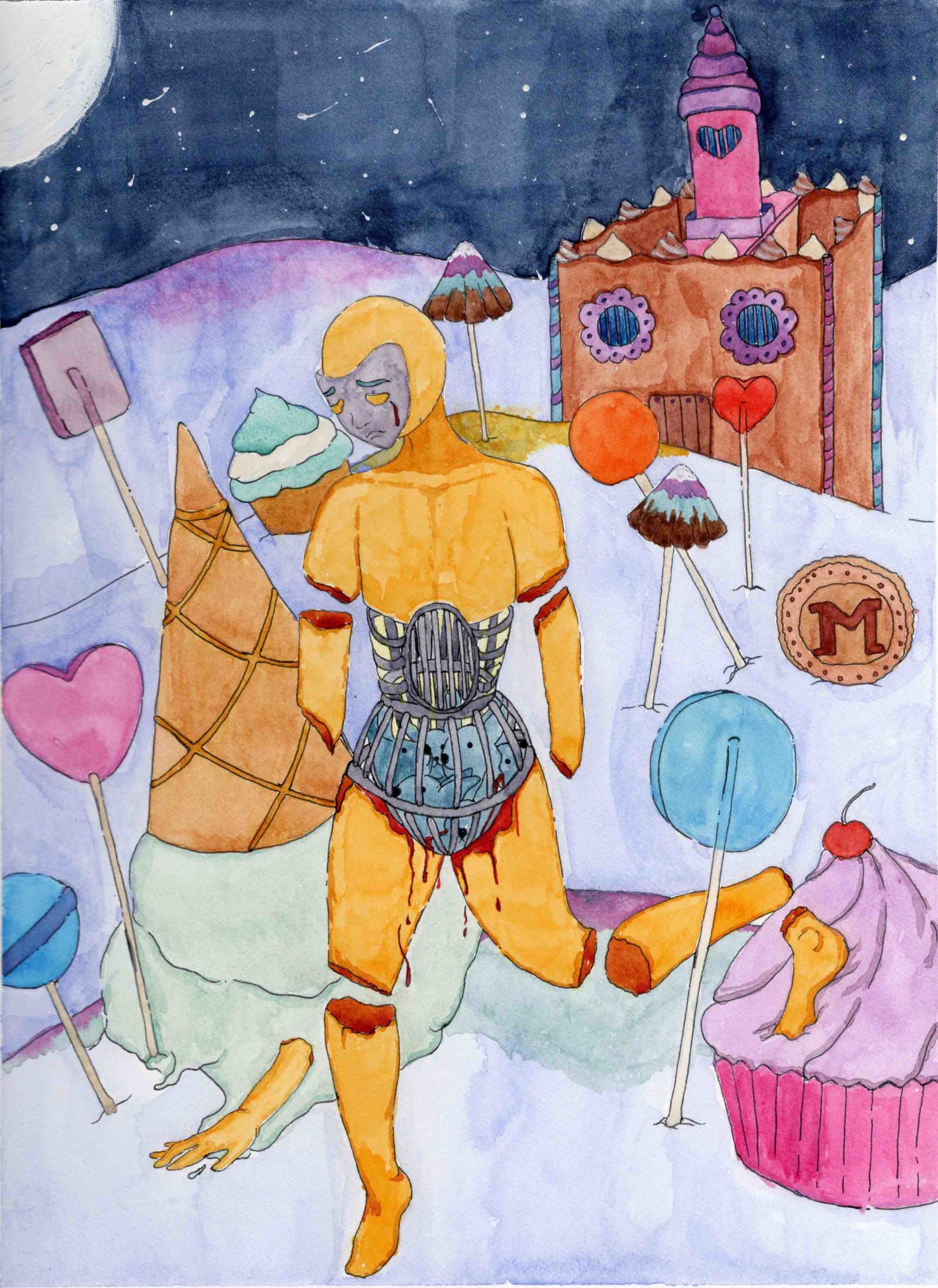 This is a pen drawing colourized with watercolour, coloured pencil, and guache. In a pale blue and violet landscape, larger than life lollypops grow, and pastel-frosted cupcakes and ice-cream cones stud the ground. A colourful gingerbread house peaks out from behind a frosted hill. The scene is bathed in the light of a full moon. In the foreground, a crying yellow figure looks downward dejectedly. Its arms and legs are sectioned like meat, bloody at the site of each cut. One of the feet is stuck in the pink frosting of a large cupcake, and one arm emerges from a minty mound of melting ice-cream. The figure’s centre is fleshless, revealing a metal cage filled with blue bunnies instead of vital organs. Blood drips down the thighs from the cage.