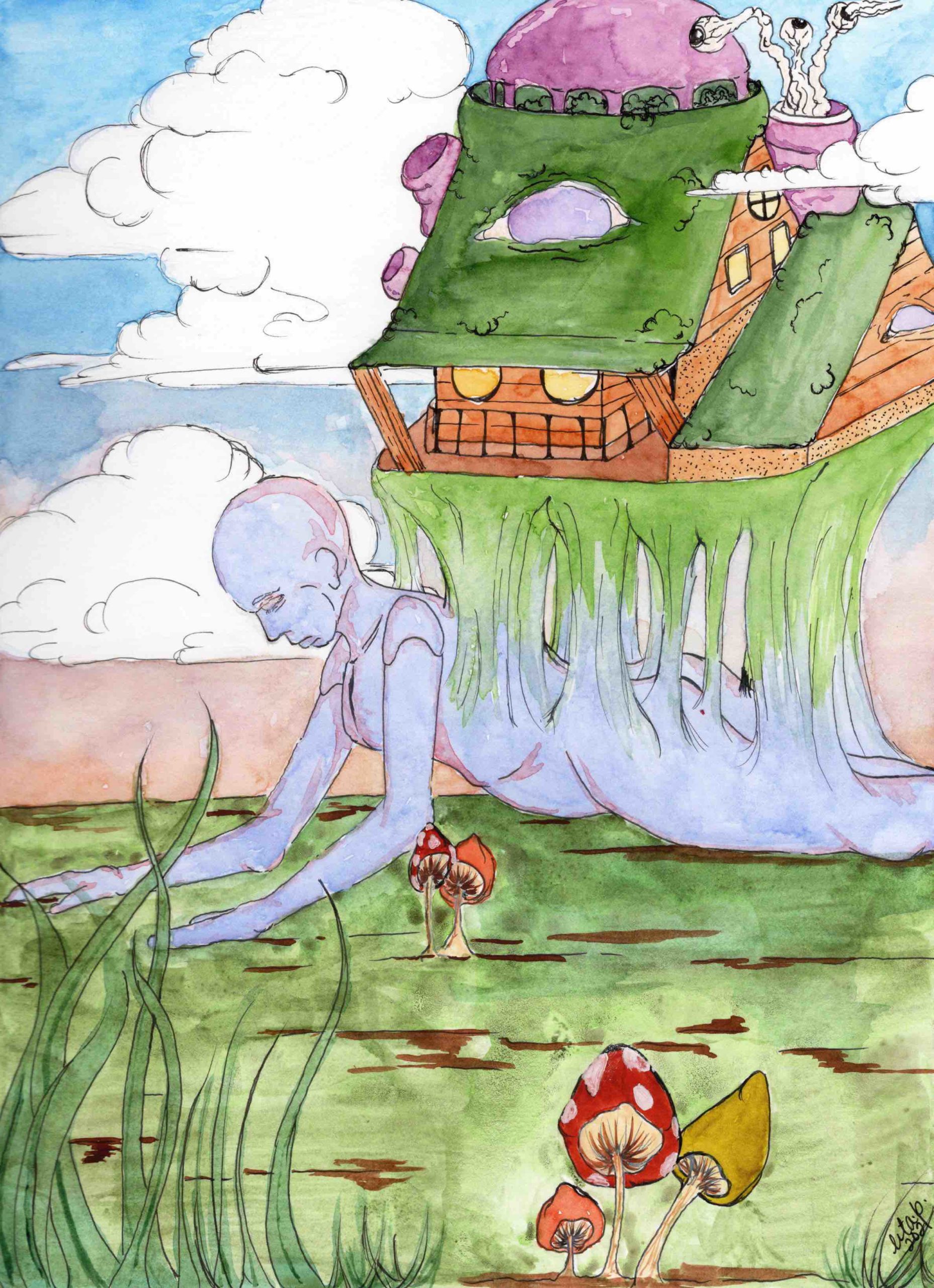 This is a pen drawing colourized with watercolour, coloured pencil, and guache. A light blue figure drags itself across a green and brown landscape, barren except for a couple patches of bright-capped mushroom and tall grass. Arising from the figure’s back by stretched lines of flesh is a brown wood edifice with green vegetative roofs. The round windows show warm yellow light from within. From an organic purple chimney, three eyeballs float upwards on white tendrils, towards pleasant white cumulous clouds.