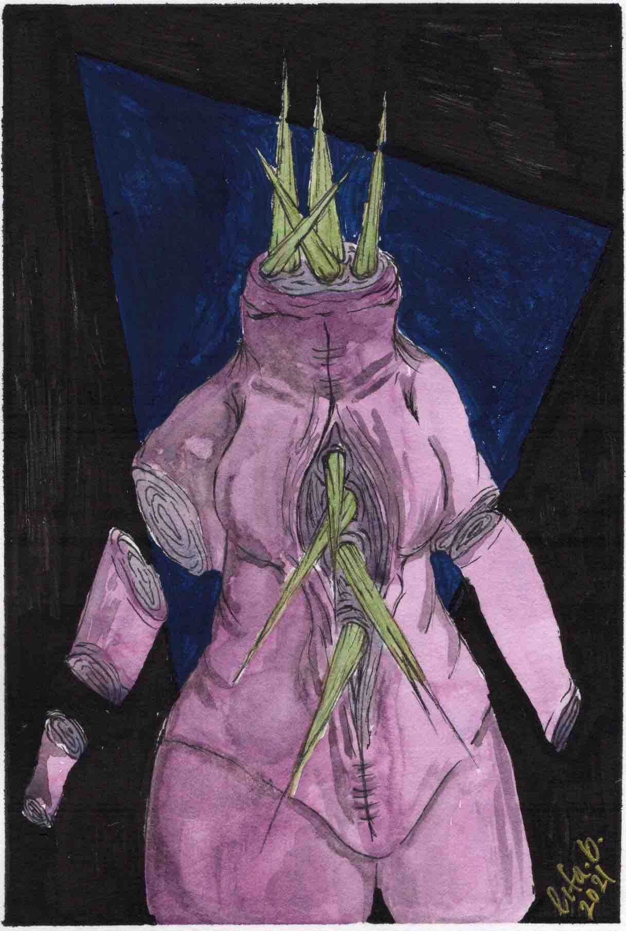 This is a pen drawing colourized with watercolour, coloured pencil, and guache. Against the stark background of a dark blue triangle on a field of black lies a headless sickly pink torso. The arms are severed into separate parts like cuts of meat, and the hands are gone. From a throat-to-crotch incision, sickly green spikes emerge, and also from the neck stump.