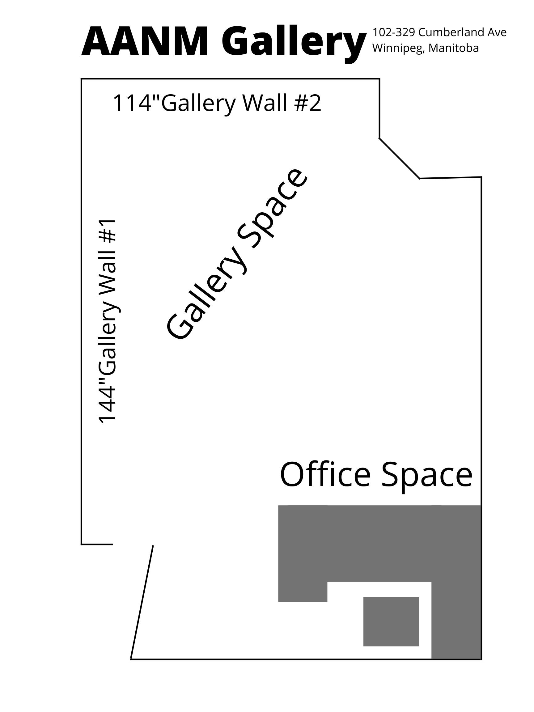 This is a black on white blueprint describing the AANM Gallery/Office space layout.  Gallery Wall #1 is 144" long.  Gallery Wall #2 is 114" long.