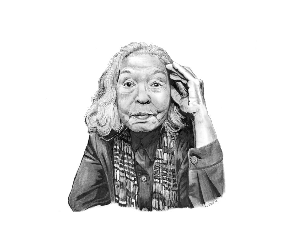 This is a portrait of an elderly woman, who stares towards us intently. One hand is raised, brushing her white hair back from her face. She wears a patterned scarf.