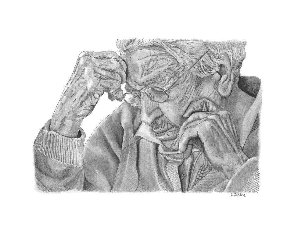 This is a drawing of an elderly man. He is wearing a baggy sweater and holds his head in his hands, glancing down with an inward concentration.