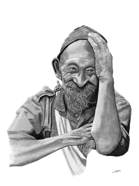 This is a portrait of an elderly man. He smiles jovially and holds his head with one hand. He wears a cap. One ear if visible. He has a beard, and wears a white fabric slung across one shoulder.