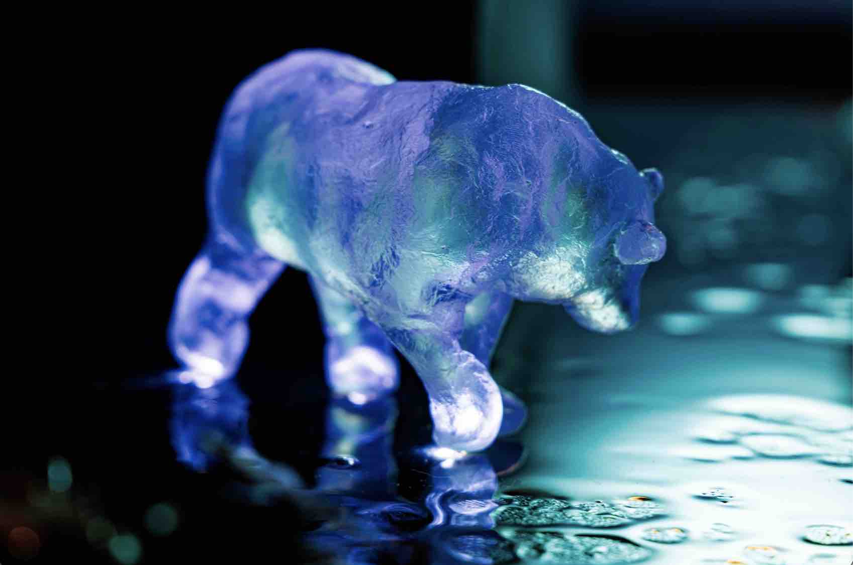 A translucent cast glass bear paws at the dark shine of melting ice as it pools at his feet.