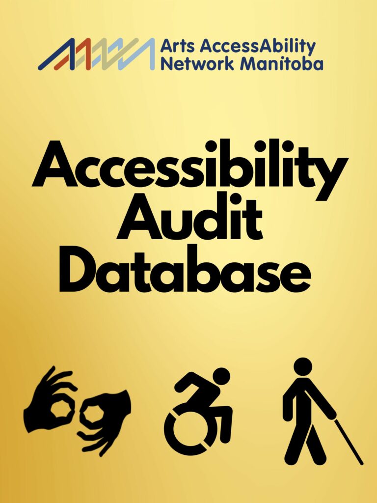 This is a poster with a gold background. At the top of the poster is AANM's logo. In bold black letters is the following text "Accessibility Audit Database" Below are three black icons. From right to left is the icon for ASL interpretation, the action wheelchair icon and the icon for the blind