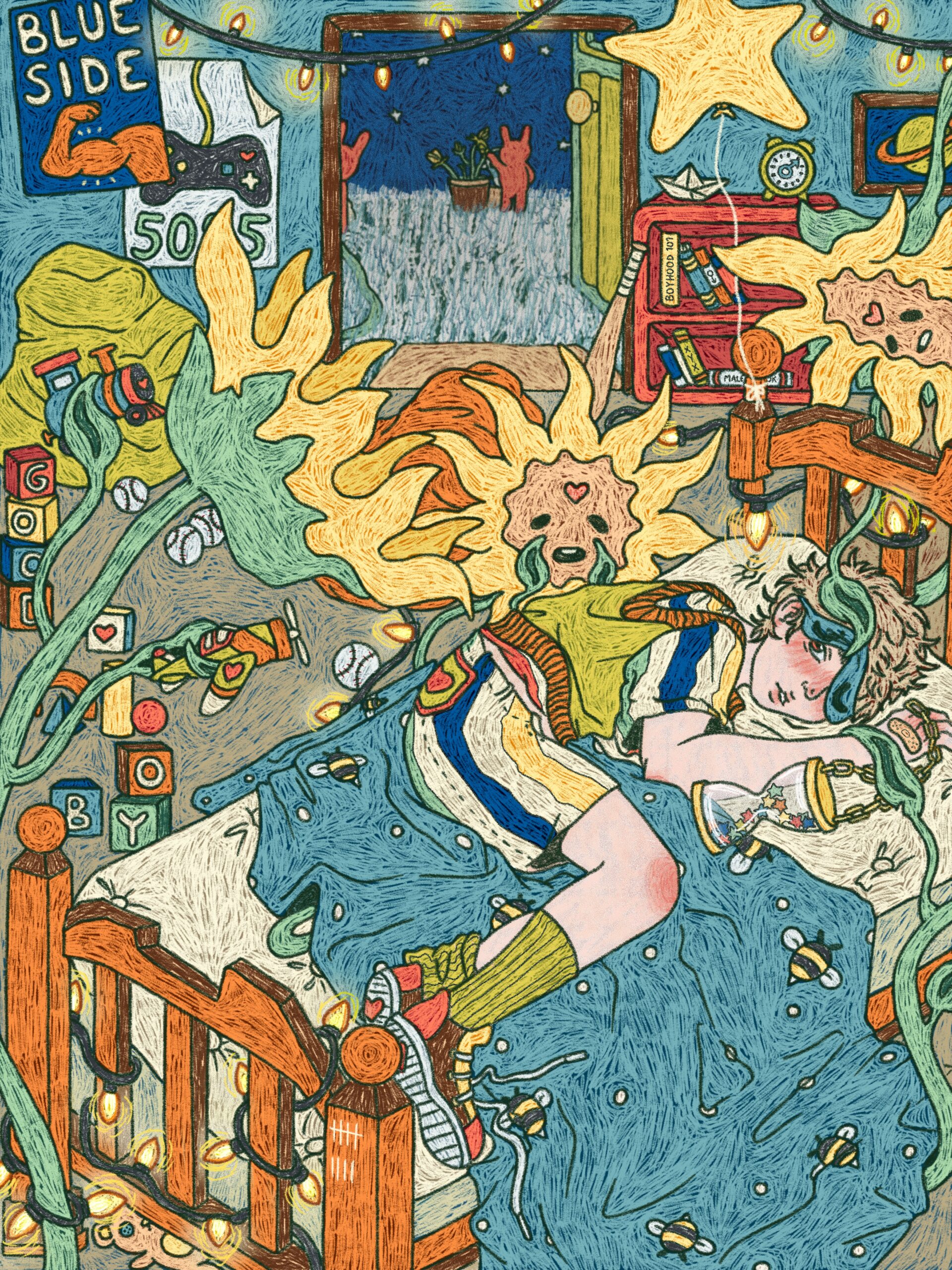 In this chaotic scene, a young pale person lies in the fetal position on a bed, tangled in blue sheets, grasping a sand-timer hourglass filled with stars. The figure is peeking at us from under a sleep mask and wearing a sweater vest and brightly striped shorts. Items and symbols associated with masculinity litter the room – toy airplane and train, blocks spelling BOY, posters of video game controller and muscle-man, baseball bat. Large anxious anthropomorphized sunflowers lean in urgently to communicate with the figure.