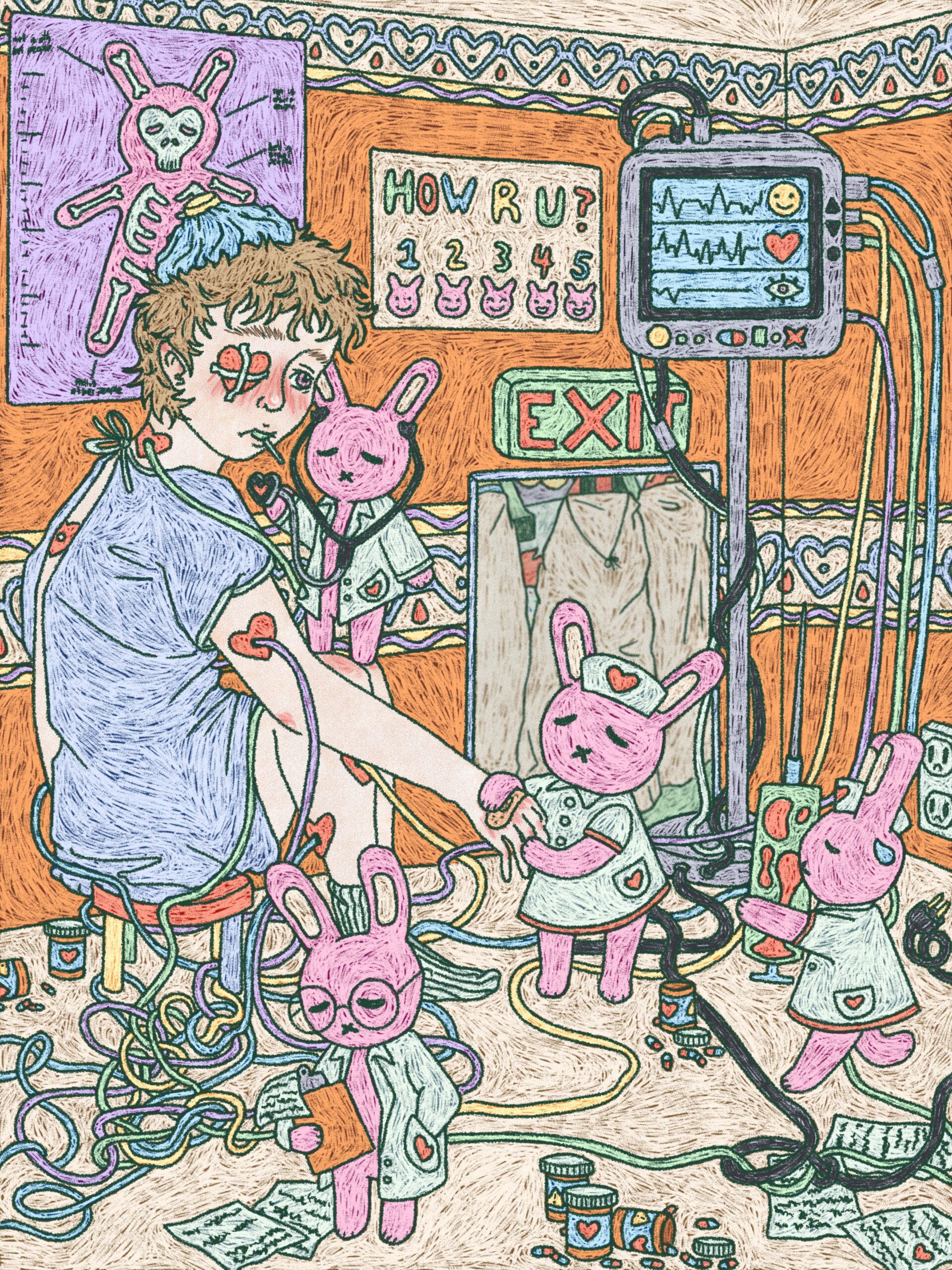 In this digital drawing, small sad pink bunnies in green doctor and nurse outfits tend to a pale young person with short messy brown hair, sitting in a blue examination gown. Tubes of various colours snake out of their body at points marked by red hearts. A red heart is taped over one eye, skin flushed angry and red. The room is chaotic, with prescriptions, pill bottles, and pills strewn about the floor, and tubes and wires tangled all around.