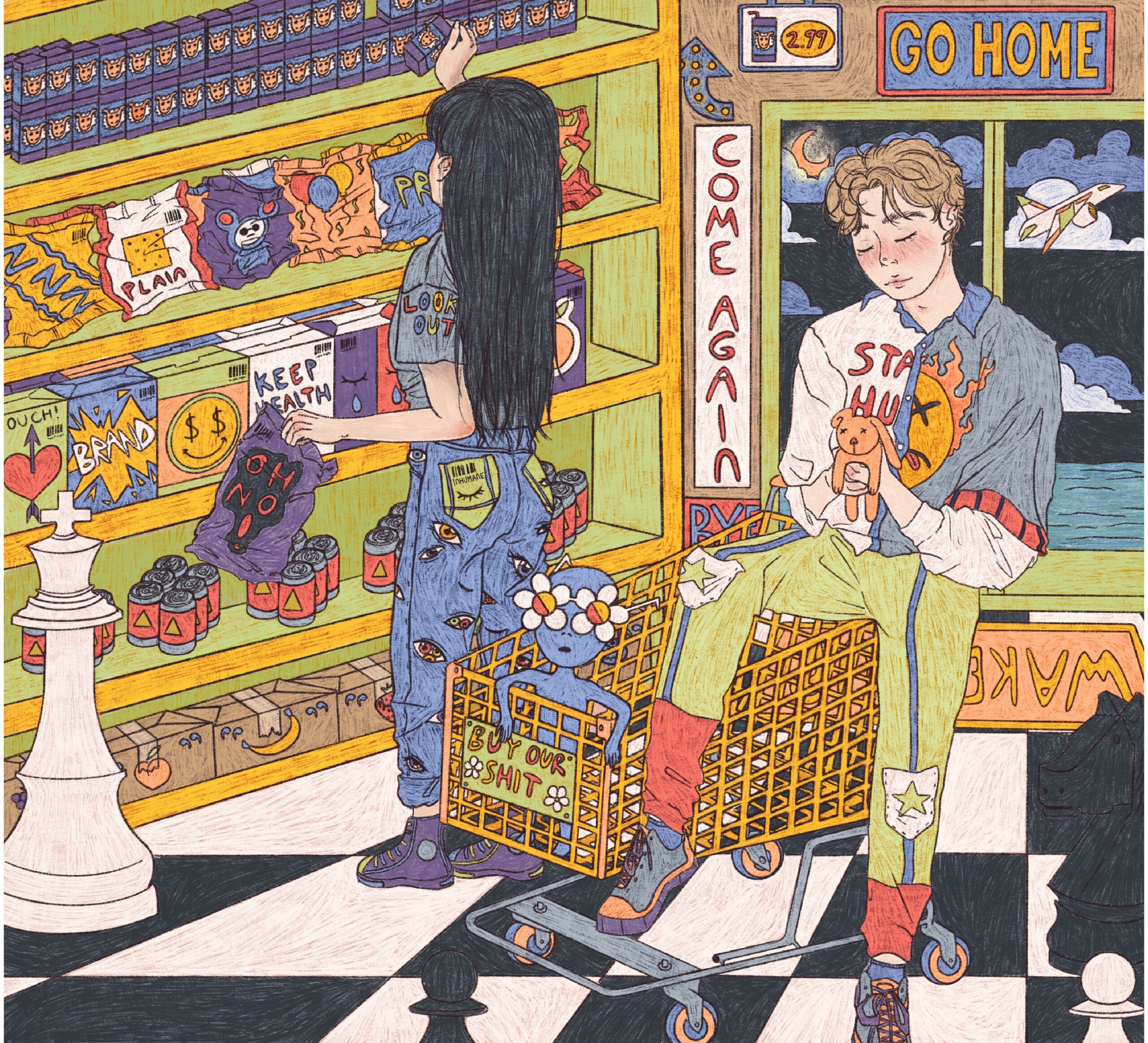 A girl with long black hair reaches to the top shelf of a market to get a small purple box of bunny food. Her baggy pants are patterned with eye symbols. A young boy in colourful hip-hop clothing hangs one leg over a yellow shopping cart which holds a small naked blue being with daisy eyes. The boy is looking down at a small floppy bunny in his hands. The floor is black and white checks, and in the foreground are large chess-pieces. Outside a window we glimpse a calm sea, crescent moon, and an airplane ascending through clouds.