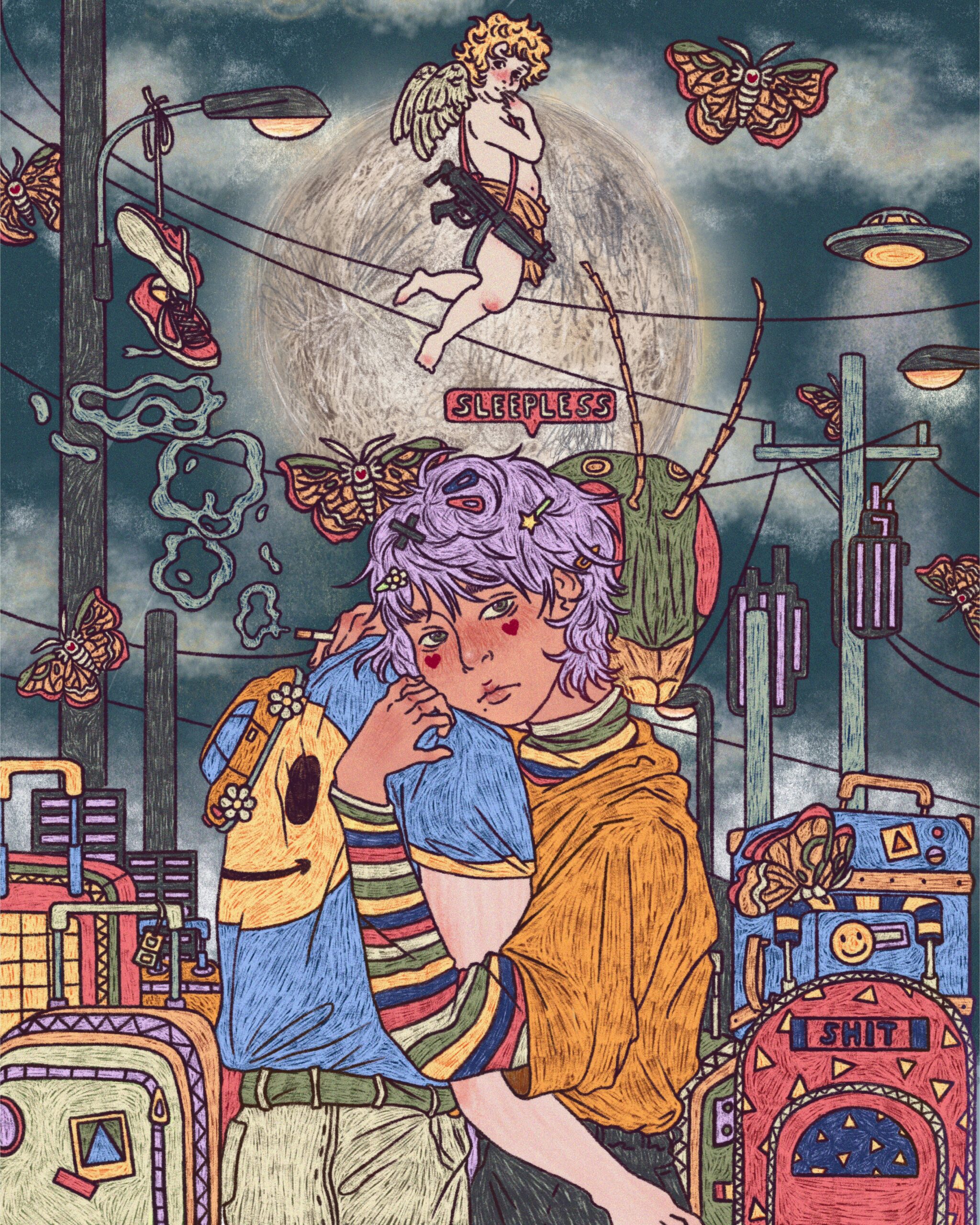 Two figures embrace. One has an insect head, the other sports purple hair festooned with multiple colourful barrettes. Colourful luggage is piled around the scene. Butterflies flit about the grey night sky, in which smoke circles waft from the lit cigarette held by one of the lovers. A cupid floats before a giant full moon, next to power lines and streetlights. A small orange car navigates down the back of one figure. The word ‘sleepless’ in a red speech bubble is suspended overhead.