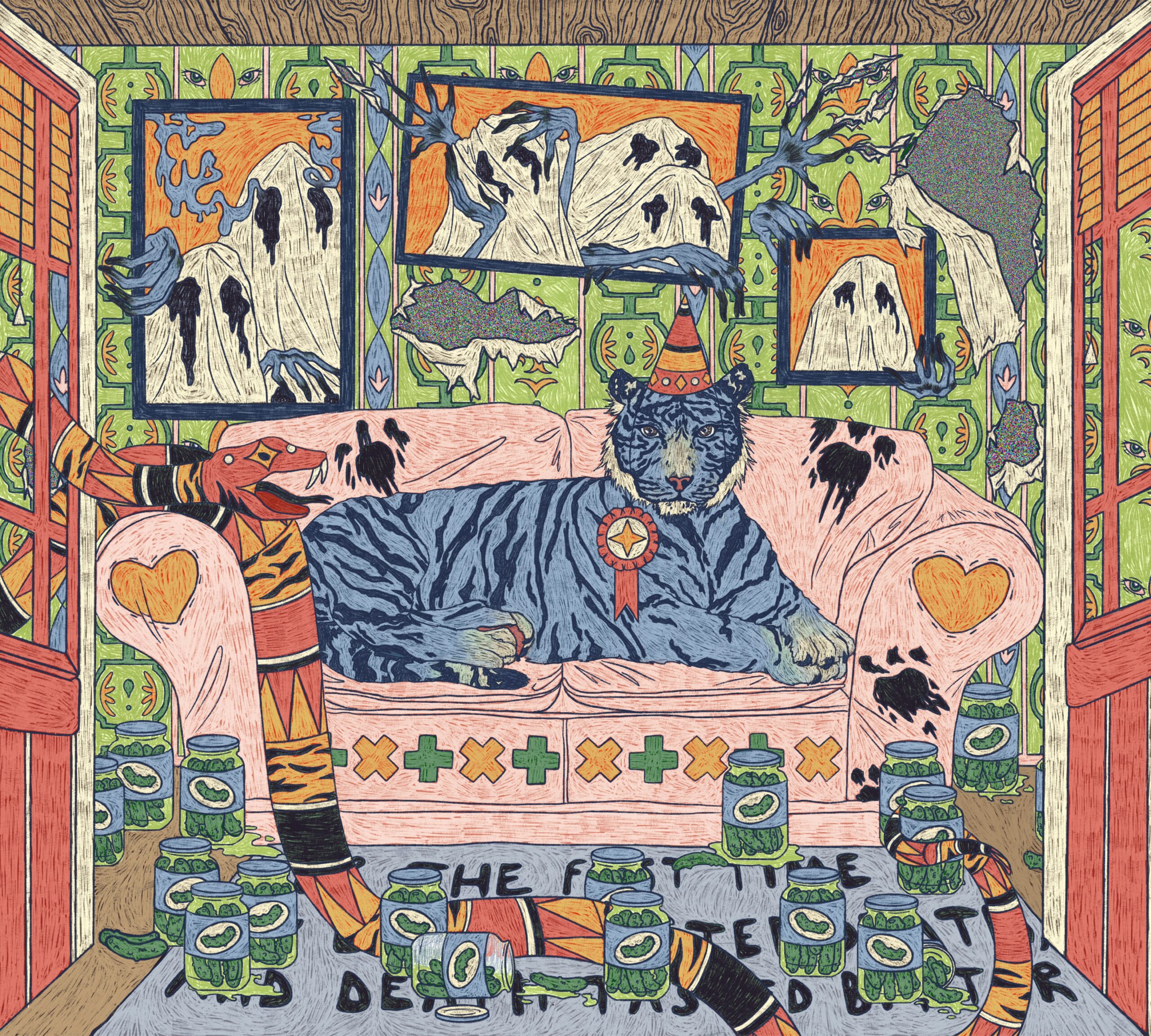 We see a blue tiger sitting regally on a pink shabby sofa. A snake patterned with red, orange, and black is seen entering through a window and baring its fangs towards the tiger, who is sporting an award ribbon on his furry chest. Photos of ghosts hang on torn green patterned wallpaper walls. The floor is strewn with pickle jars spilling their contents everywhere and obscuring a message written on the floor in black balloon font.
