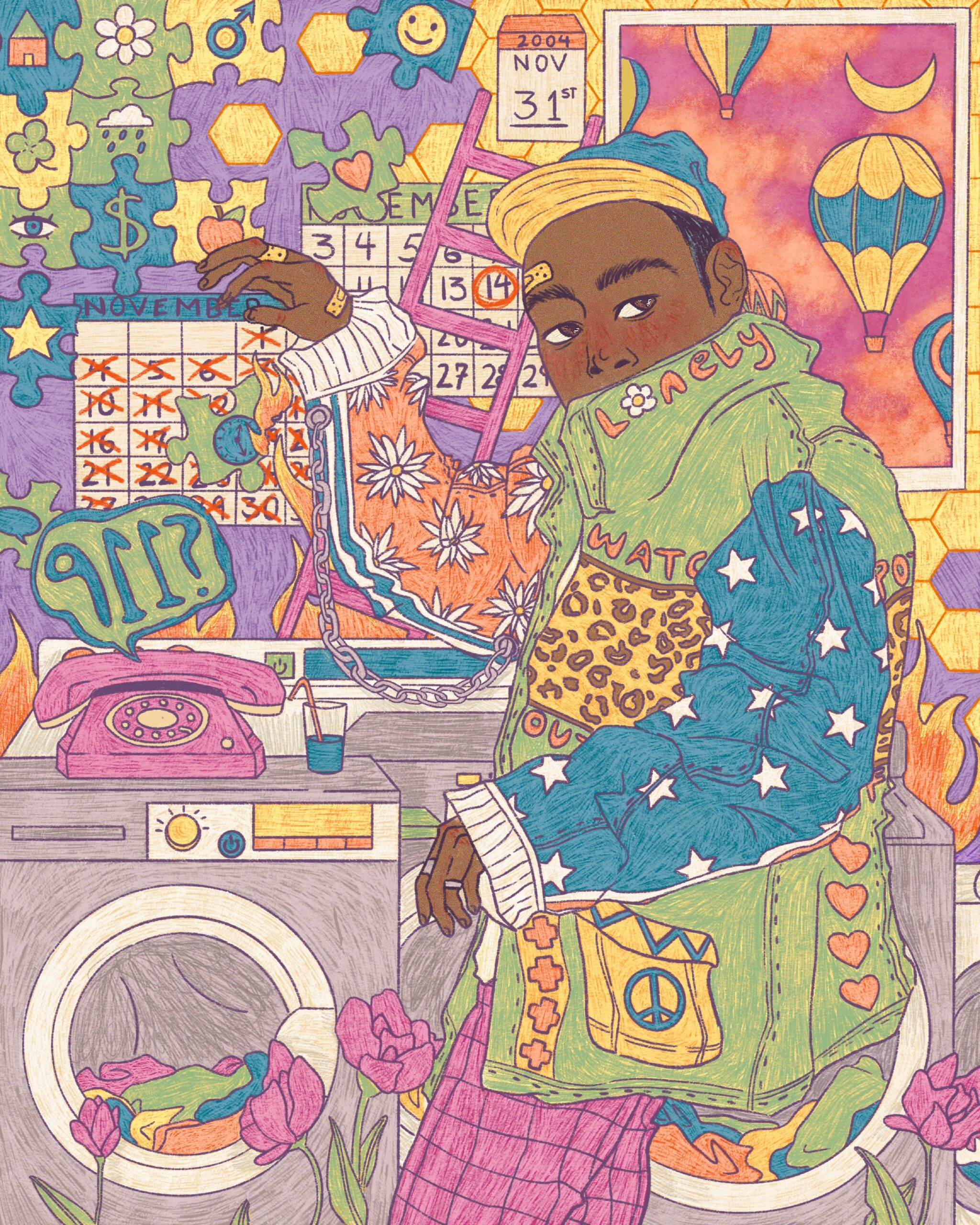 This scene is a jumble of bright pink, yellow, orange, teal, lilac and green. A Black boy turns to look at us over his shoulder while touching a ‘November’ calendar above a phone urgently declaring ‘911!’ in a speech bubble. The boy’s outfit is mis-matched – leopard print, star spangles, peace signs, chains, checks. On his collar is the word ‘lonely,’ written in bubble letters. The wallpaper is a chaotic puzzle-pieces motif. A poster of hot air balloons hangs in the background.