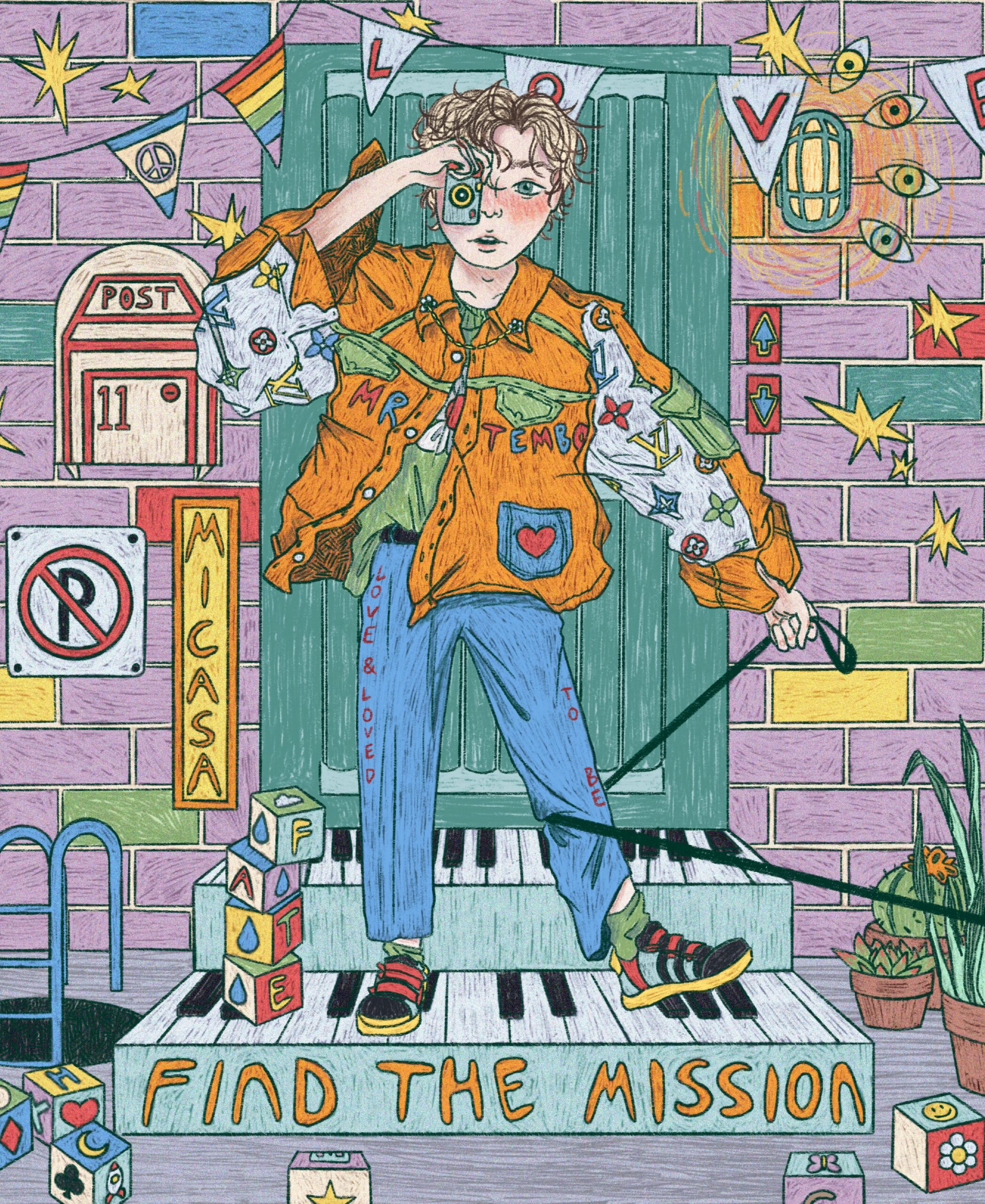 A small stage comprised of piano keys is labeled “find the mission” with orange bubble lettering. A young pale person with short messy hair stands on stage in an active pose, clothes in movement and disarray, aiming a camera at the viewer while staring through the viewfinder with one eye. ‘Mr. Tembo’ is written on their oversized patterned jacket, and their jeans read ‘love and loved’ and ‘to be’ in red lettering. Banners of triangle flags festooned with peace symbols and rainbows hang in the background. Purple brick walls are festooned with busy signs. Eye symbols float around a wall-mounted light fixture. The floor is scattered with building blocks and potted cacti.