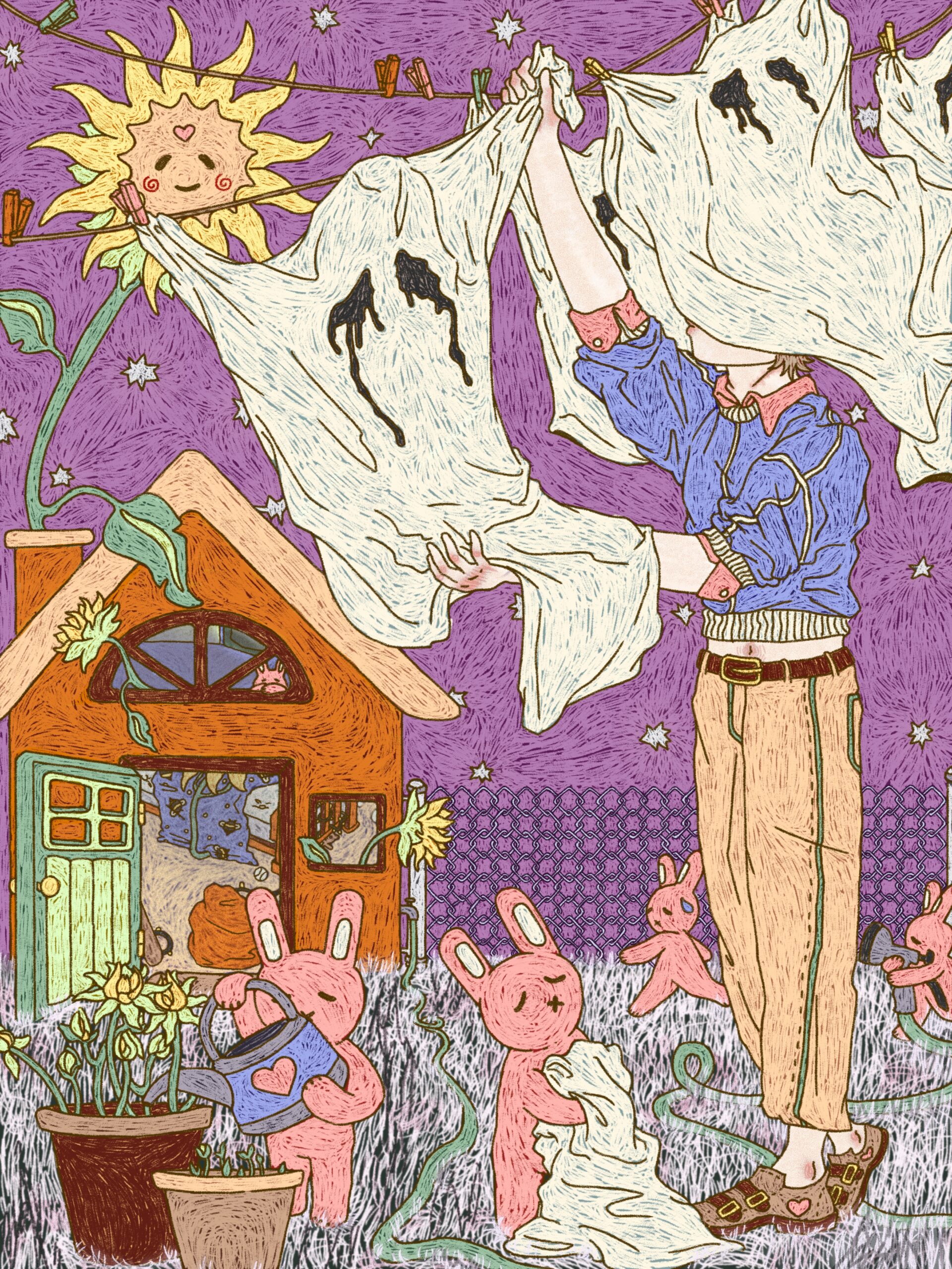 In this scene, a pale thin person hangs ghosts on a clothesline to dry, assisted by small sad pink bunnies. One bunny waters potted plants in front of a small orange house with large sunflowers growing out the windows. The sky is lilac and dotted with white stars. The largest yellow sunflower looks on from above, like a sun, with a smile.