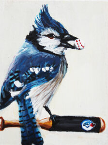 Painting of a bluejay perched on a baseball bat with the Bluejay team logo. The bird is holding a baseball in its beak.