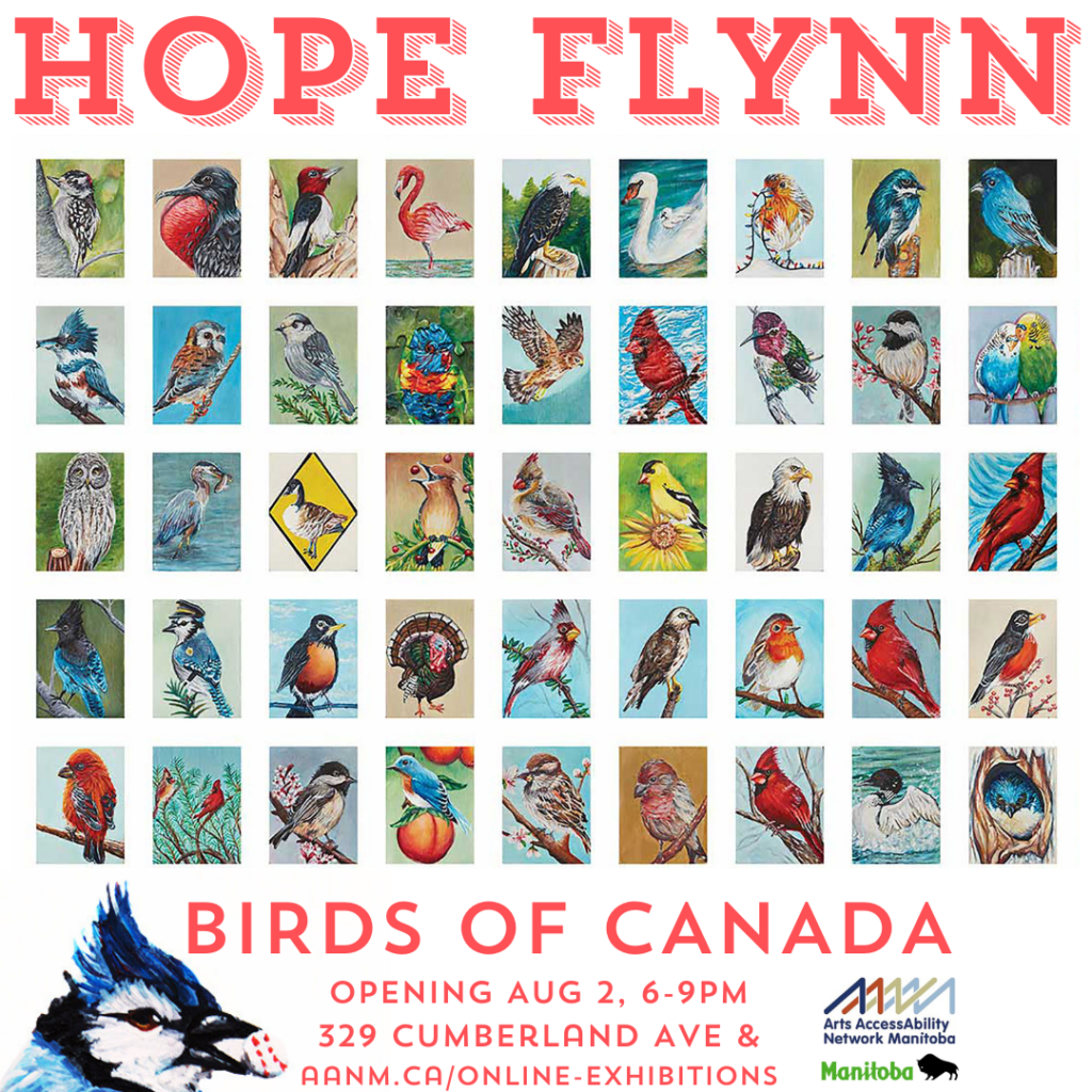 Red lettering on a crisp white background proclaims “HOPE FLYNN” above a checkerboard of colourful painted bird portrait thumbnails. Below, next to a close-up painting of a bluejay holding a baseball in its beak, we read: “Birds of Canada” Opening Aug 2, 6-9pm, and aanm.ca/online-exhibitions. In the corner are the logos for Arts AccessAbility Network Manitoba and the Province of Manitoba.