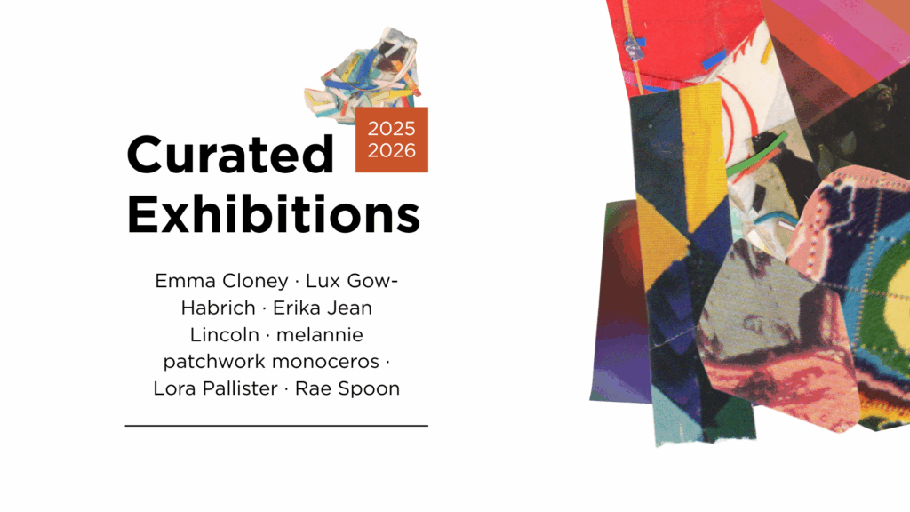 Promotional graphic for Curated Exhibitions. This graphic includes the names of the participating artists in the exhibition. On the right of the graphic is an image of overlapping swatches of colourful artwork in collage form, for visual interest.