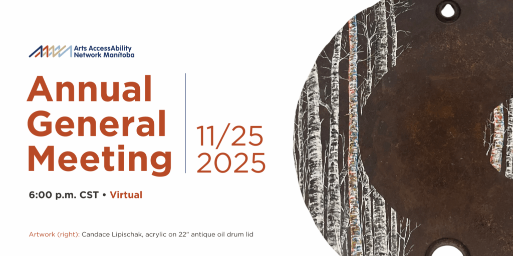 This is a promotional graphic for the AANM Annual General Meeting. The graphic details some information about the event such as date, time, and virtual format. For visual interest, the right side of the graphic includes a photo of artwork by Candace Lipischak, trees painted in acrylic on an antique oil drum lid. 