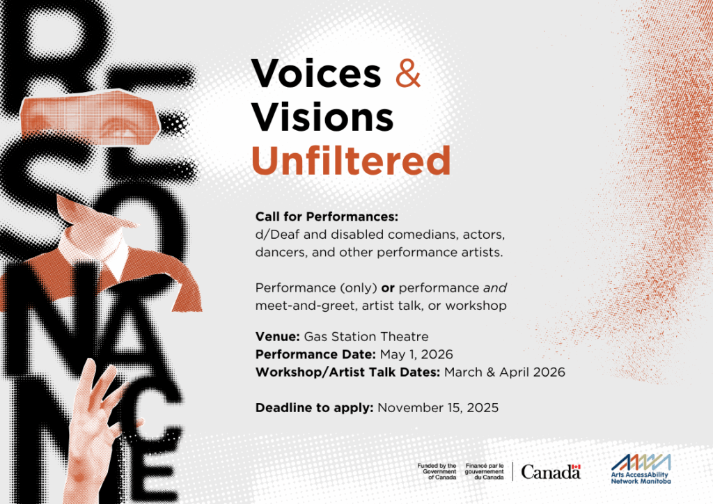 A promotional graphic for Resonance: Voices and Visions Unfiltered. This is a call for performances for d/Deaf and disabled comedians, actors, dancers, and other performance artists. The graphic outlines the details of the call including venue, performance date, workshop/artist talk dates, and the deadline to apply. 